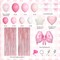 Pink Bow Birthday Party Decorations, Coquette Bow Light Pink and White Confetti Long Balloons Happy Birthday Banner Fringe Curtain Tassel Pompoms for Women Girls Theme Baby Shower Party Decorations
